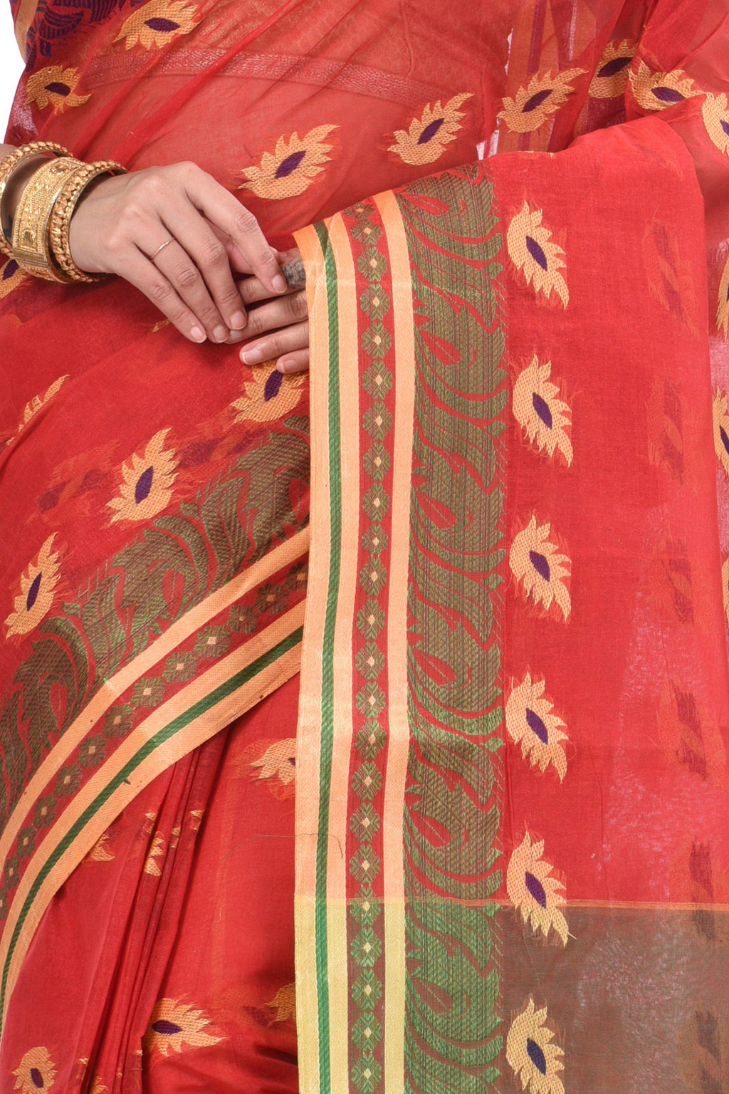 Red Pure Cotton PataButi Tant Saree (525)